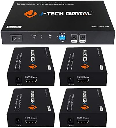 J-Tech Digital 1x4 HDMI מאריך משולבת משולבת מעל כבל Cat5e/Cat6 עד 164 רגל בגובה 1080p עם לולאה מקומית ובקרת