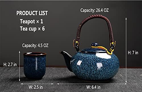 סט תה יפני, סט תה חרסינה כחול עם סט קומקום אחד, 6 כוסות תה, סט תה אסייתי יפה למבוגרים, חובב תה/נשים/גברים