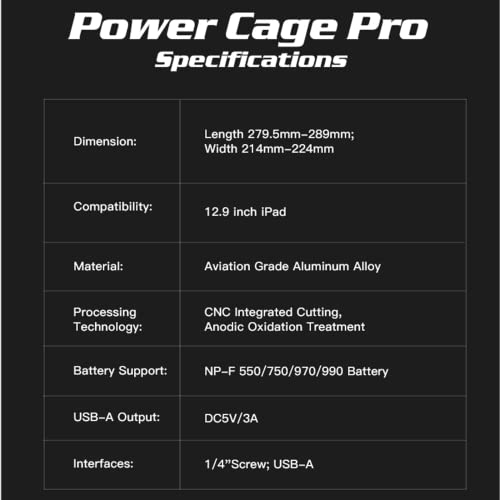 Accsoon Power Cage Pro תואם ל- iPad Pro 12.9 ″ כלוב וידאו כלוב מתכוונן לחלוטין למשך 12.9 ″ אורך כרית: 279.5mm-288.5