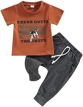 תינוקות מערביים בגדי קיץ הדפס פרה שרוול קצר חולצה מכנסיים מזדמנים עליונים סט 2 יחידות פעוטות תלבושת קאובוי בויד