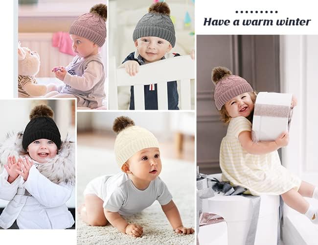 זנדו תינוק תינוק כובע חורפי סרוג כובעי תינוקות עבים פום פום פום כובע כפית סקי כובעי כובעים יילודים לבנים