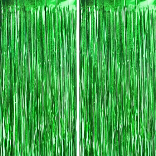 ירוק פרינג ' וילון מסיבת רקע, דומאר 2 חבילה 3.28 * 8.2 רגל טינסל פארי רקע משודרג גליטר רדיד תמונה רקע עבור תינוק מקלחת