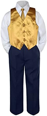 Leadertux 4pc פעוטות תינוקות בנים גוד זהב ערכות עניבות מכנסיים כחולים כהים חליפות S-7