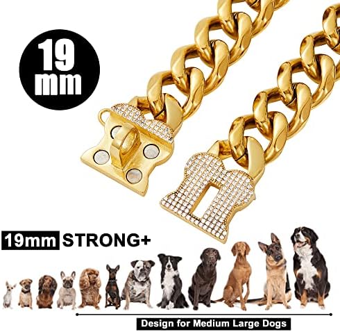 שרשרת כלבים טובטראנדי שרשרת מתכת צווארון עם בלינג בלינג עיצוב מאובטח, שרשרת קישור קובנית זהב 18 קרא