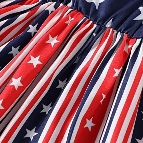 נובוהו בנות 4 ביולי שמלת פעוט דגל אמריקאי שרוול שרוול קשת קשת שופע כוכבי תינוקות פסים בגדים פטריוטיים