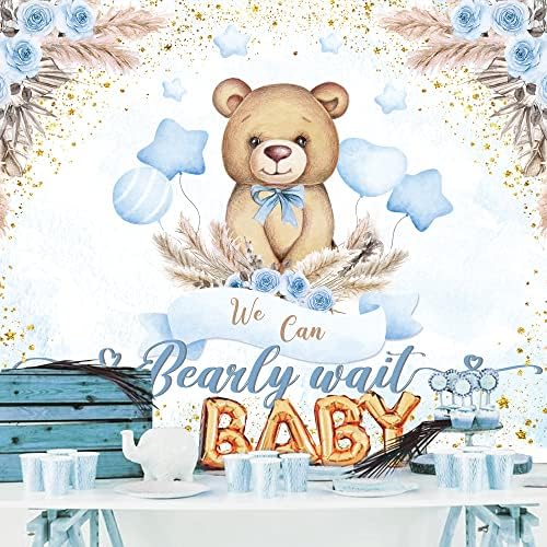 דוב זוהר מקלחת תינוק רקע לילד 7 ווקס5 שעות רגליים אנחנו יכולים לחכות פמפאס בוהו כחול פרחוני בלונים קריקטורה דובון תינוק מקלחת