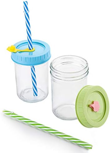 סווימוט 12 מארז כוסות לפעוטות לילדים צנצנות מייסון זכוכית, כוס חטיף שייק עם פה רגיל עם 8 אונקיות עם מכסים, קשיות