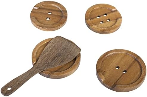 סט של 4 פרימיום מוצק עץ שיטה כף שאר עם כפתור בצורת עיצוב, עץ מטבח מצקת קפה כפית בישול תשמיש שאר