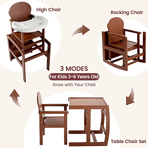 כיסא גבוה מעץ להמרה 3 ב-1, כיסא גבוה מעץ מלא פרימיום לפעוטות 3-6 שנים, כיסא גבוה וכיסא נדנדה וכיסא שולחן לילדים