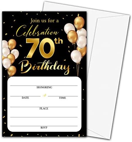 כרטיסי הזמנה ליום הולדת 70 עם מעטפות - נושא זהב קלאסי ממלא את כרטיסי ההזמנה של מסיבת יום ההולדת הריקה, לגבר,
