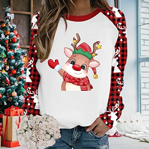 חולצות חג המולד של Beuu לנשים, חג המולד איילים הדפסים שרוול ארוך סווטשירטים סווטשירטים משובצים משובצים סוודר צוואר סוודאות