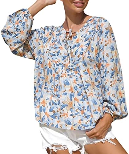 חולצות נשים מקרית קיץ נשים פרחוני פרע טוניקת חולצה עניבת צוואר סקסי חולצות מקרית ארוך שרוול פפלום