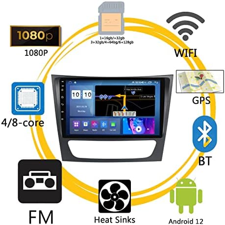 Plokm Android 12 רדיו סטריאו מכוניות DIN כפולות עבור Benz W211 9 אינץ 'מסך מגע HD במתח, עם Apple Carplay ואנדרואיד אלחוטית,