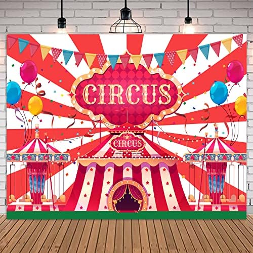 QICAIYUN 7x5ft Circus Party Partdoptope אדום לבן פסים פסים בלונים מקלחת לתינוק שולחן קינוח שולחן דקור באנר סטודיו אבזרי