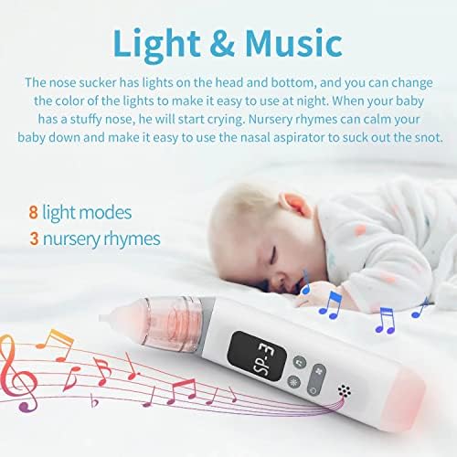שואף האף לתינוק, פראייר אף חשמלי לתינוק עם 3 רמות מתכווננות יניקה, פראייר בוגר נטען לתינוקות עם 8 מצבי אור ו -3