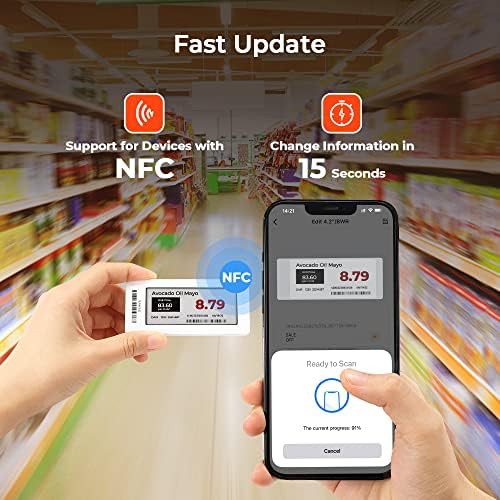 MUNBYN 2.66 תג מחיר NFC תווית מדף אלקטרוני, תווית דיו של נייר אלקטרוני לחנות רשת, תמיכה בתווית NFC בתווית IOS/ Android