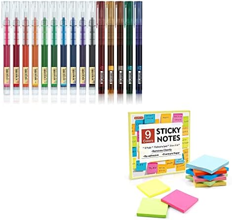עבודות בית ספר לאמנות מעבורת וצרור ציוד ביתי, 15 צבעים 0.5 ממ עטים גלבי כדור דיו נוזלים + 9 צבעים תווים דביקים לכתיבת