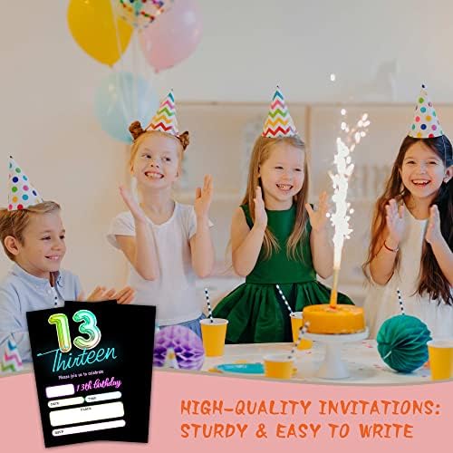 Tirywt הזמנות ליום הולדת 13, הזמנות למסיבת ניאון אור עם מעטפות לבנות בנות, מזמנות מסיבת יום הולדת בסגנון מילוי,