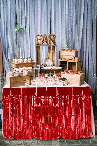 אוצרות מחונן מוצק אדום טינסל שולחן חצאית חבילה של 2 מתכתי שולחן פרינג ' עבור חג המולד יום הולדת סיום חתונה תינוק מקלחת מסיבת