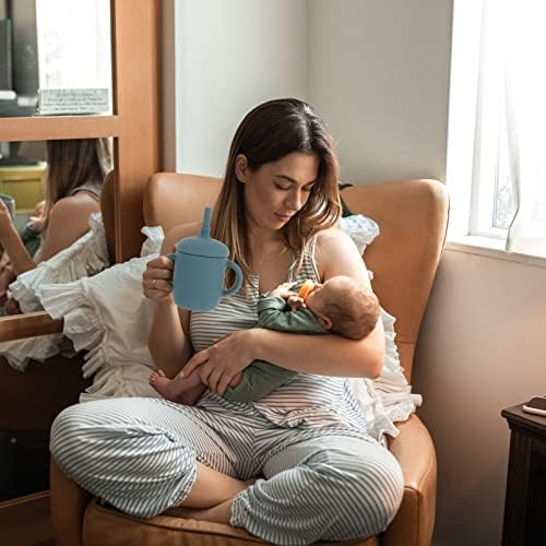 1 יח ' סט מתנה סיליקון כחול תינוקות ידית עם דליפת הוכחה מקלחת תינוק אימון מיכל שתיית קש ידיות ילדים כוס מעבר יילוד פעוט כוס