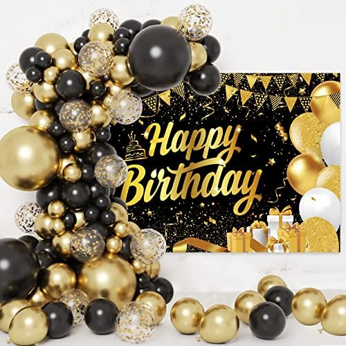 RUBFAC 133 יחידות ערכת זר בלון שחור וזהב וקישוטי יום הולדת שמח ציוד למסיבות תפאורה רקע לצילום ליום הולדת ליום הולדת