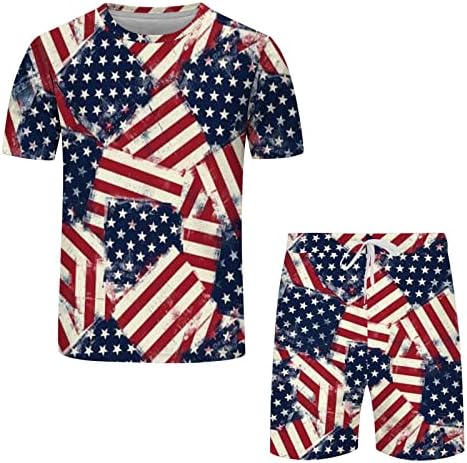 סטים קצרים של קיץ גברים של גברים 4 ביולי חולצת פולו ומכנסי ספורט קצרים דגל אמריקאי הדפס שרוול קצר 2 חלקים