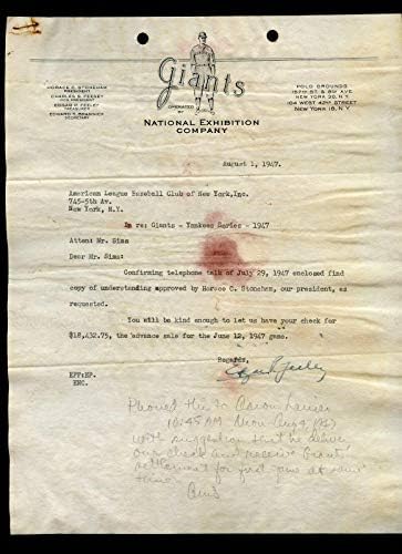 מקורי משנת 1947 NY Giants Baseball 3 עמוד חתום מכתב הוראס סטונהאם וביל - כדורי חתימה