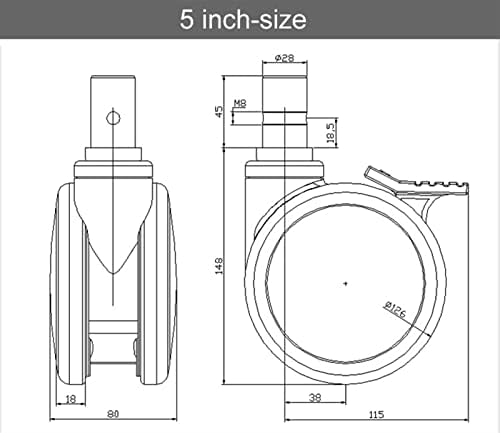 גנדה 5 אינץ 'מיסב גלגל כפול PU עם בלם או ללא עומס התקנת מוט עגול 200 קג עמיד 2 יחידות