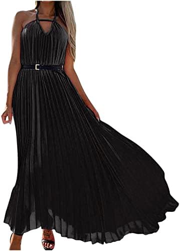 שמלות פרגרן לנשים 2023 מקרית, נשים מקרית אופנה מוצק צבע קפלים ביריות מותניים ארוך שמלה עם חגורה