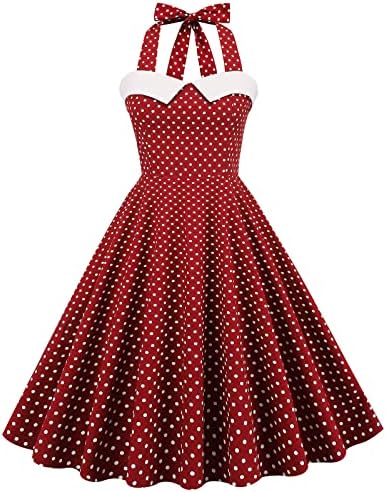 שמלת נקודות פולקה וינטג 'של נשים משנות החמישים של המאה העשרים אודרי הפבורן הלטר צוואר שמלות רטרו ללא שרוולים שמלות קוקטייל