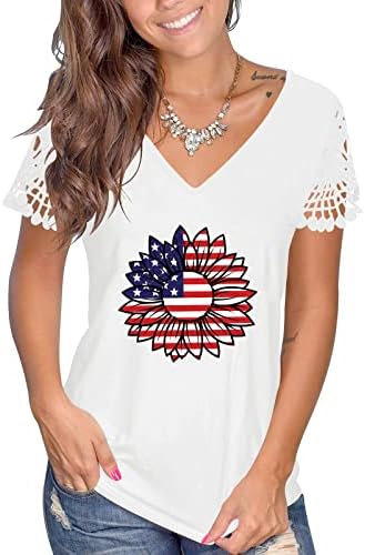 כוכב אמריקאי חמניות חמניות פרחוניות חולצות נשים שרוול קצר עמוק V צוואר תחרה בראנץ 'חולצות חולצות חולצות חולצות חולצות
