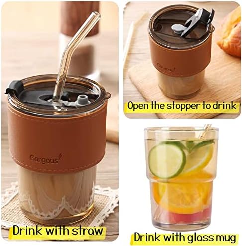 Wsaikis זכוכית ספל קפה לשימוש חוזר עם כוס מים עטוף עור עמיד בפני חום עם קש זכוכית ומכסה מכסה אטום דליפות קפה,