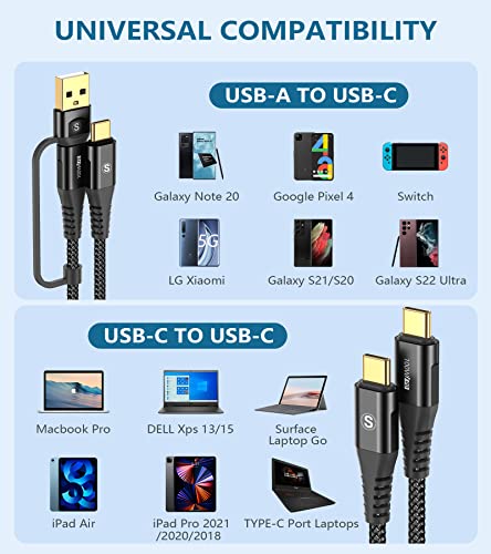 Sweguard 100W USB C ל- USB C כבל 2 חבילה 10ft 2-in-1 USB-A/C ל- USB-C כבל מטען מהיר-שחור