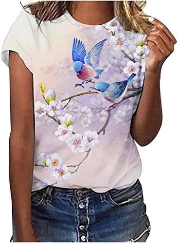 חולצת טשטורה עליונה לנשים סתיו סתיו שרוול קצר 2023 צוות צוואר כותנה פרח ציפורים חולצה גרפית