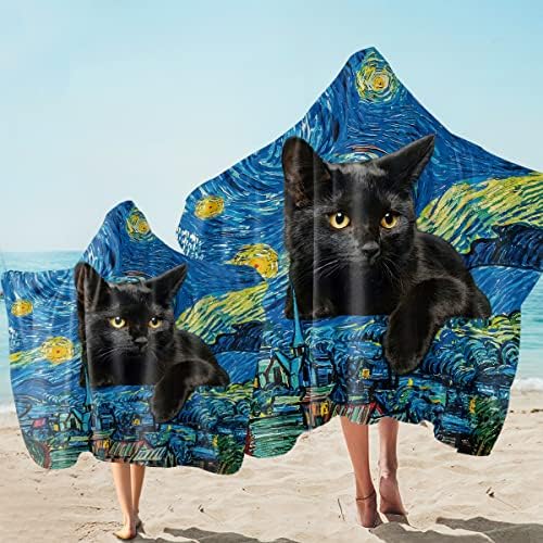 Sleepwish Starry Night Cat Black Holdeed מגבת כוכב לילה שחור חתול שחור אולטרה אולטרה מכסה מגבות עם ברדס רך לבנים נערות נשים