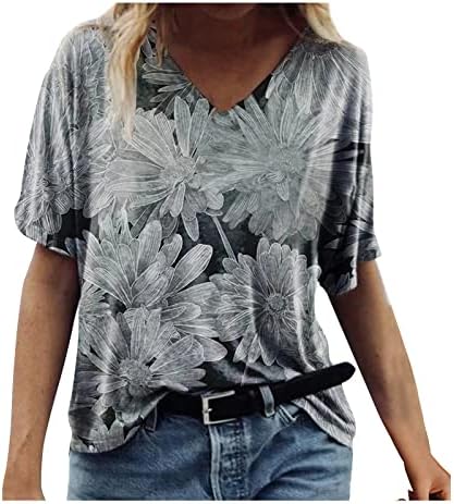 צמרות בגודל פלוס לנשים חולצת טריקו של שרוול קצר-שרוול קיץ חולצה פרחונית גרפית חולצה מזדמנת חולצות צוואר V