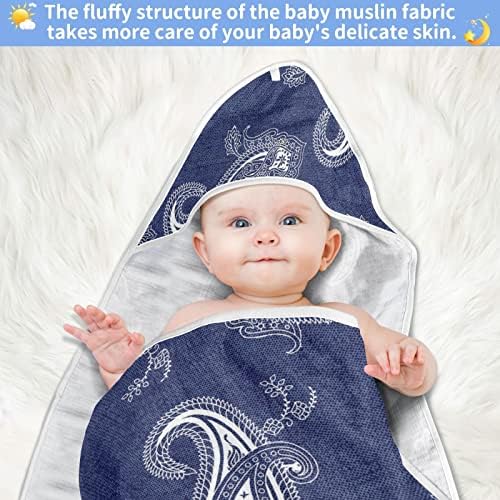 Vvfelixl מגבת ברדס לתינוק, דפוס פייזלי לבן קישוט כחול נייבי סופג פעוטות מגבות, כותנה מגבות תינוקות רכות יילודים לתינוק