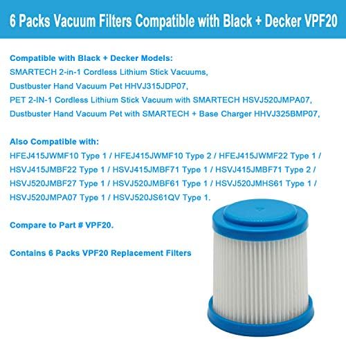 Lemige 6 חבילות VPF20 פילטרים להחלפה עבור ואקום מקל שחור ודקר Smartech Pet 2-in-1 Stick Vacuum