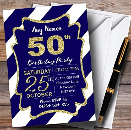 פסים אלכסוניים לבנים כחולים זהב 50 הזמנות למסיבת יום הולדת בהתאמה אישית