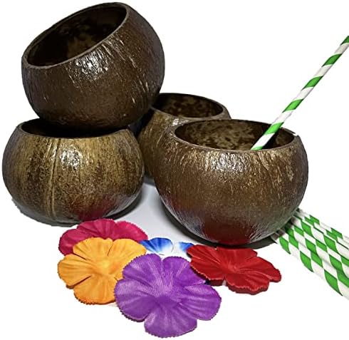 4 כוסות קוקוס אותנטיות מסיבת הוואי מסיבת קוקוס כוסות משקה עם 16 קשיות נייר ו -40 פרחי מבד משי - מעטפת קוקוס כוס קוקוס