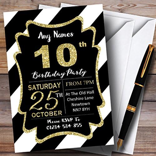 פסים אלכסוניים לבנים שחורים זהב הזמנות למסיבת יום הולדת בהתאמה אישית עשירית
