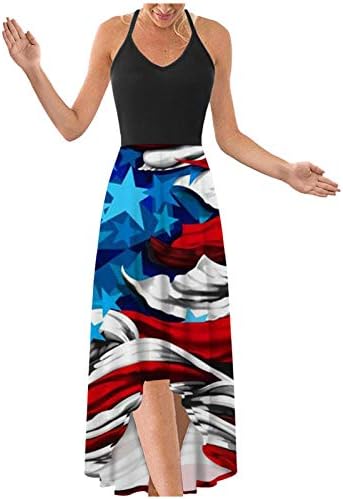 4 יולי מקסי שמלה לנשים קיץ מקרית בוהו שמלת ארה ב דגל סקופ צוואר קאמי שרוולים כוכבים פסים שמלות קיץ