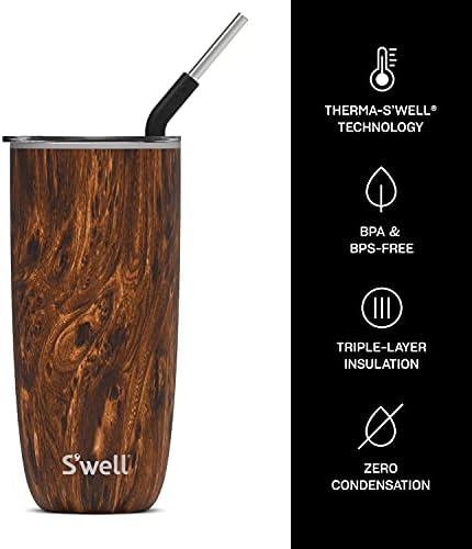 S'well נירוסטה כוס עם קש - 24 FL Oz - Teakwood - מכולות מבודדות אואקום משולשות שומרות שומר על משקאות קרים במשך 18 חם למשך