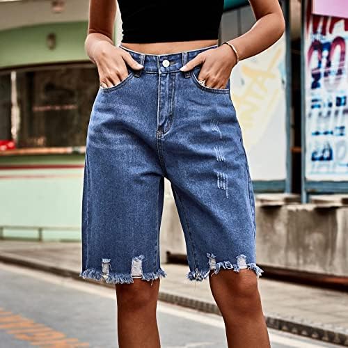 Qiguandz נשים טרנדיות א -סימטריות קרועות קרועות ג'ינס ברמודה קצרים קיץ מותניים גבוהים מזדמנים מזדמנים מכנסיים קצרים ז'אן