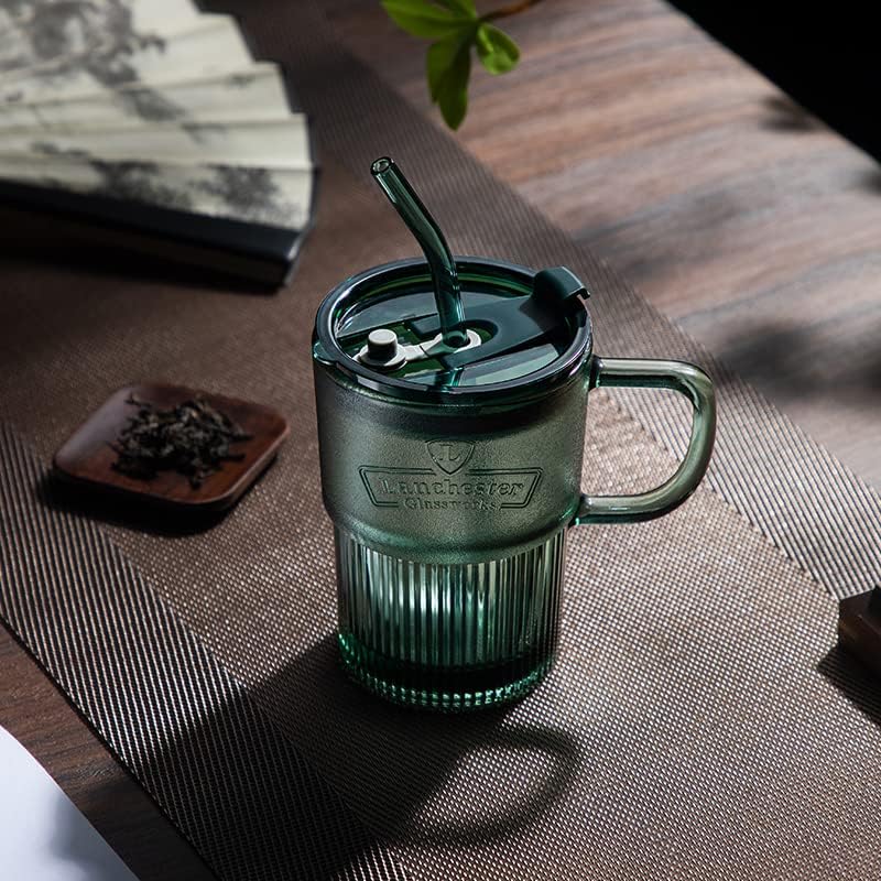 כוסות זכוכית לובוויש עם מכסים וקש, כוסות שתייה של 15 אונקיות עם ידית, מתאימות לגברים ונשים ששותים מים, קפה, תה,