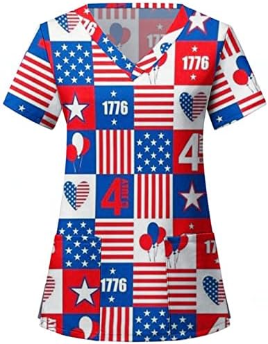 4 ביולי חולצה לנשים קיץ שרוול קצר עם צווארון טיז עם 2 כיסים דגל ארה ב בגדי עבודה חולצה מזדמן לחג