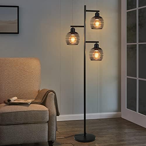הידד מנורת רצפה תעשייתית לסלון - בית חווה וינטג 'מנורה עמידה אור שחור עם 3 מלפחים E26 נורת אדיסון תאורה כפרית מודרנית