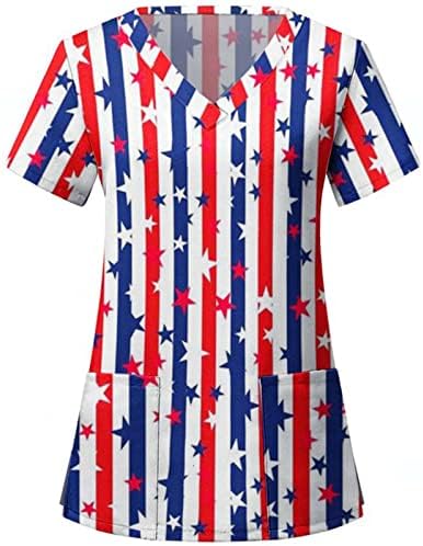 חולצת תרגיל נשים רופפות יום העצמאות של נשים צווארון שרוול קצר מודפס כיס חולצה עליונה שרוול רחב