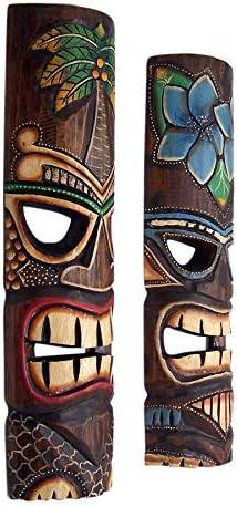 ווסר בעבודת יד פולינזי הוואי סגנון פרחוני צבוע טיקי מסכות, קיר דדקור, סט של 2 צבעים שונים,19 סנטימטרים