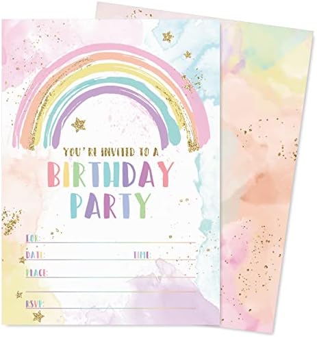 AndyDesign Rainbow הזמנות למסיבת יום הולדת עם מעטפות מדבקות כרטיסי הזמנה של נייר יום הולדת בצבעי מים לציוד